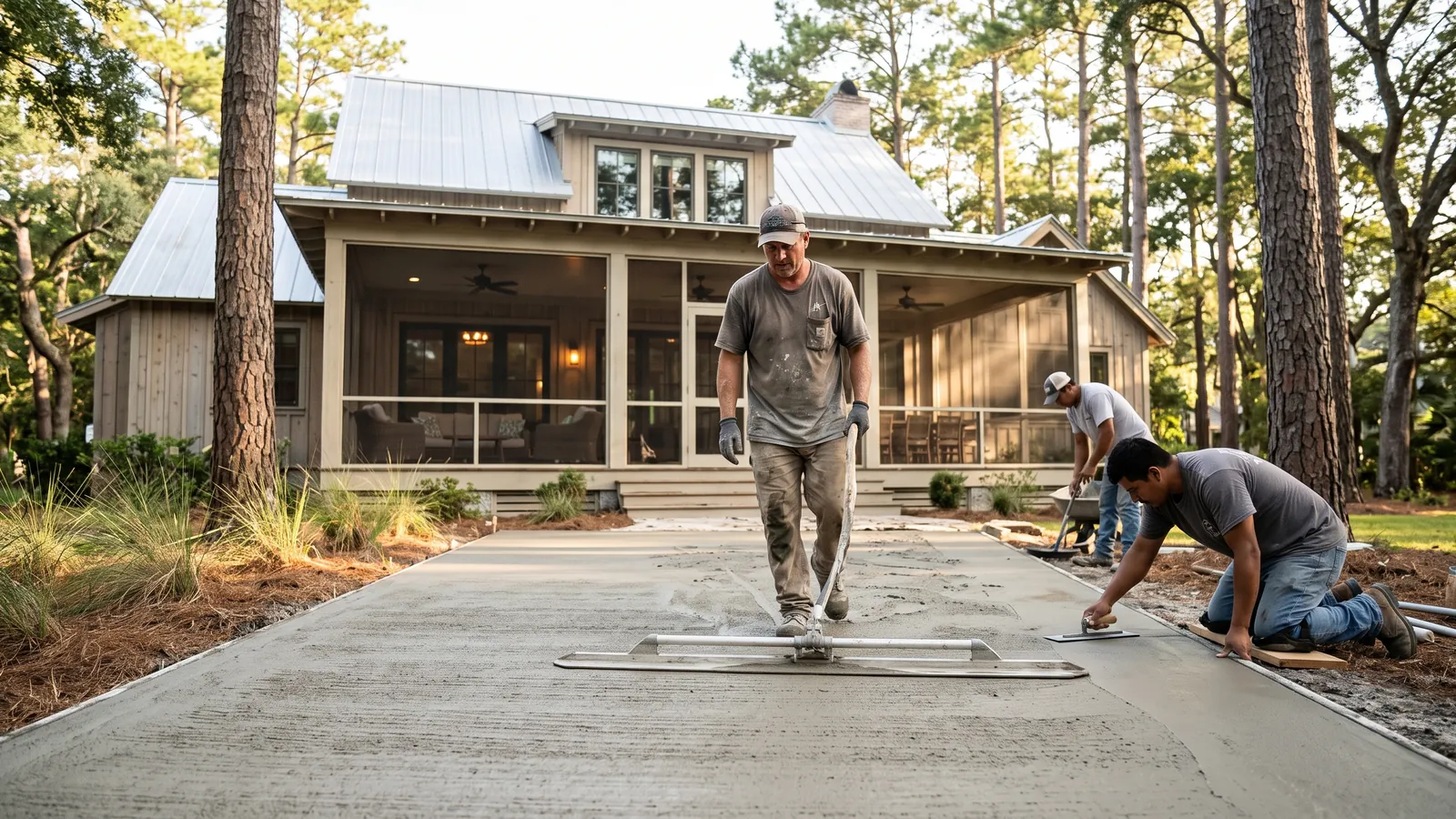 Crew finishing a broom-finish concrete patio with a smooth border behind a Lowcountry home with a screened porch and tall pines