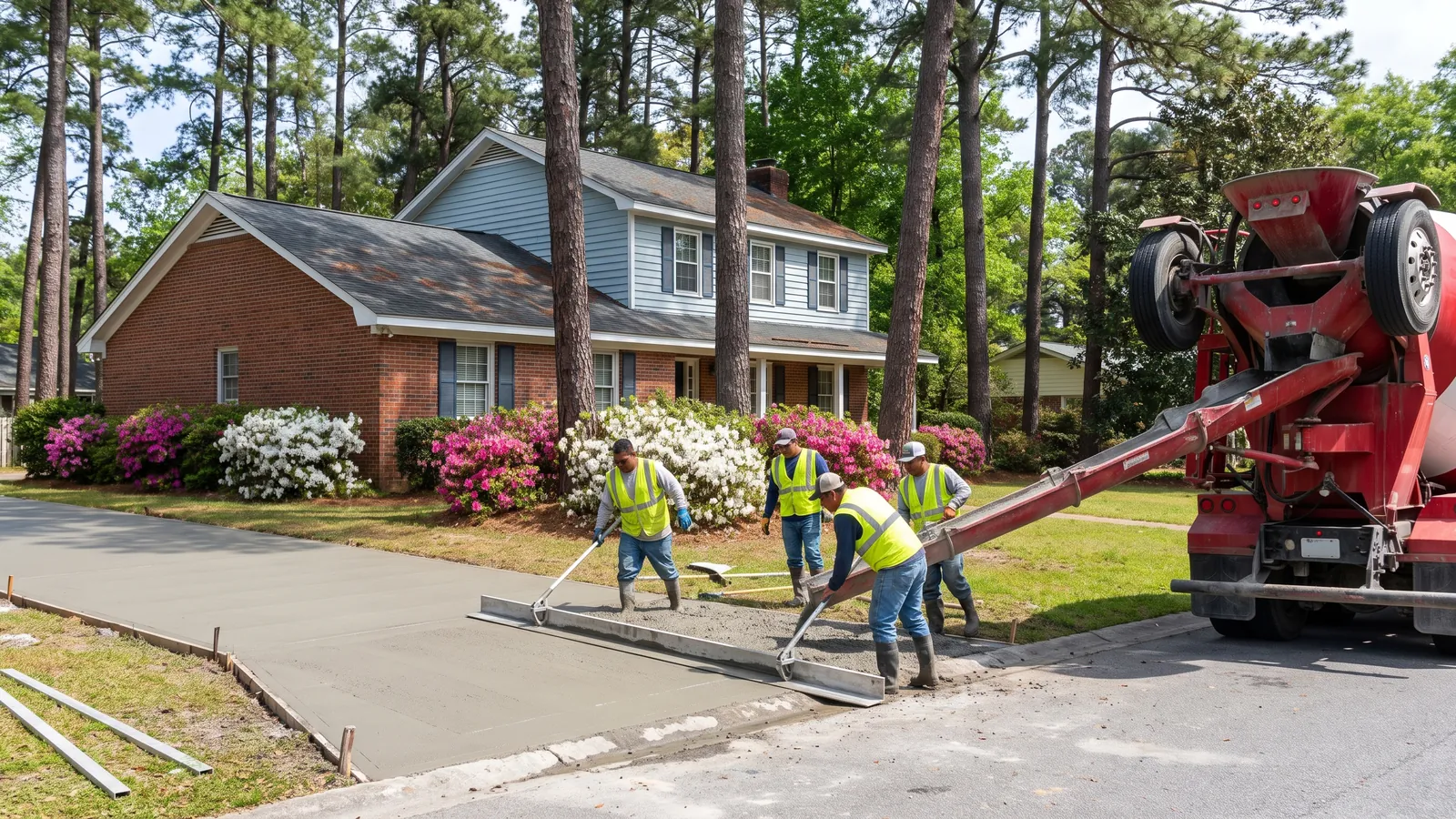 Concrete crew screeding a new broom-finish driveway at a brick-and-siding home under tall pines and blooming azaleas in Summerville, South Carolina