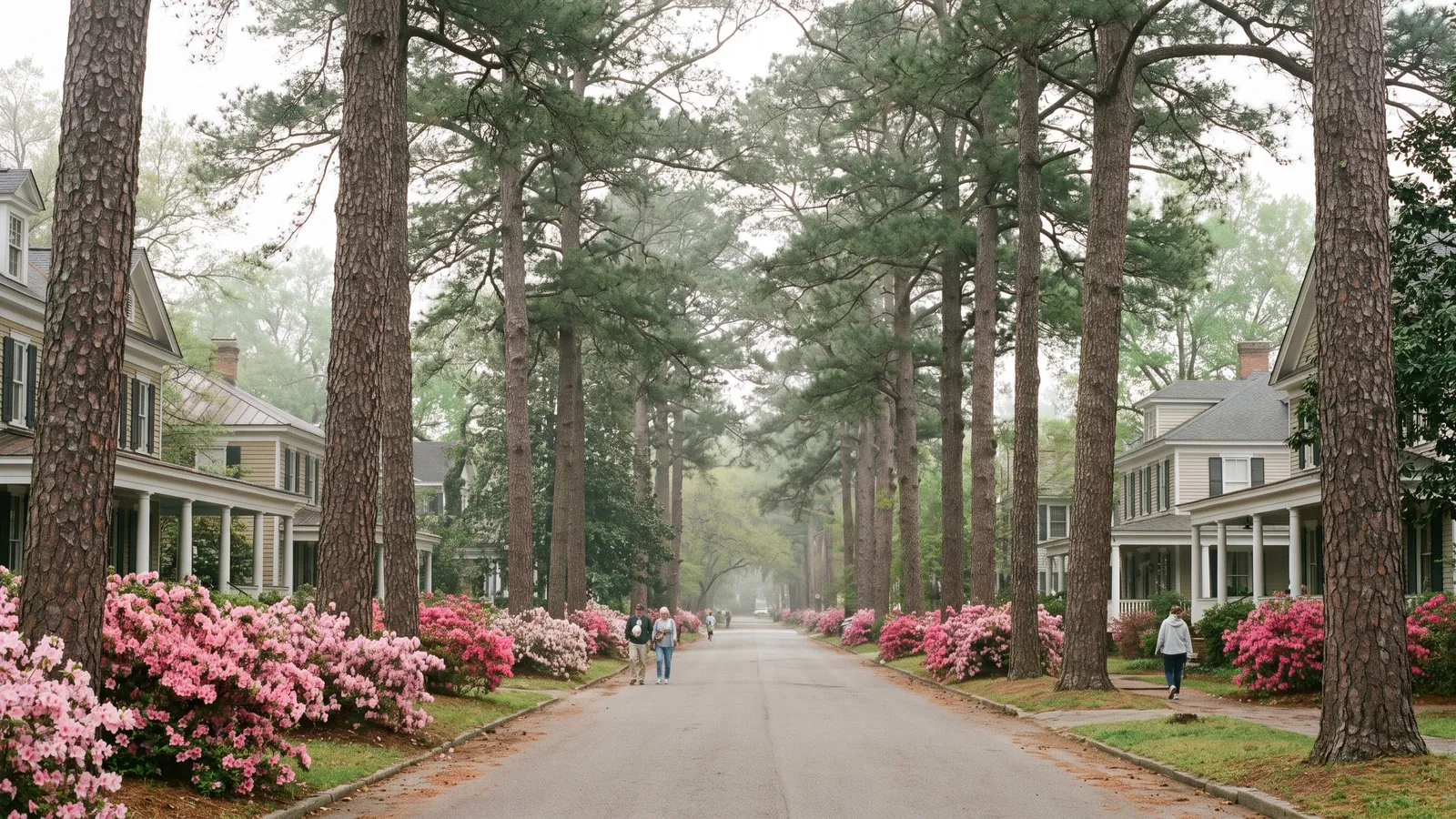 A tree-lined street of historic homes with deep porches under towering longleaf pines and blooming pink azaleas in Summerville, South Carolina