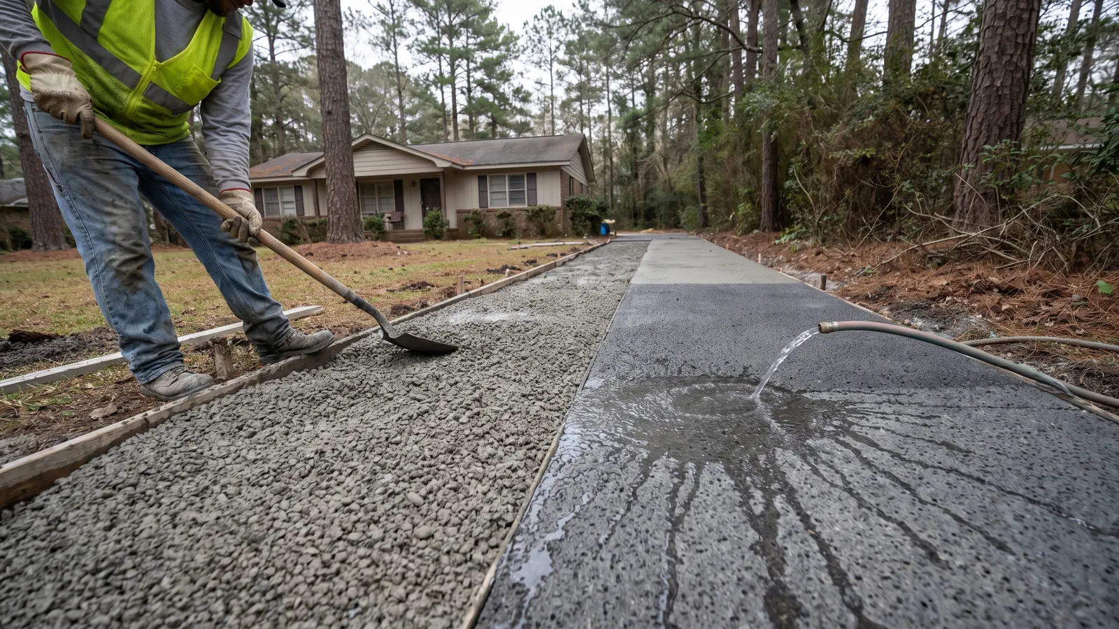 Worker placing coarse pervious concrete with an open texture for a driveway strip, with water draining through a finished section